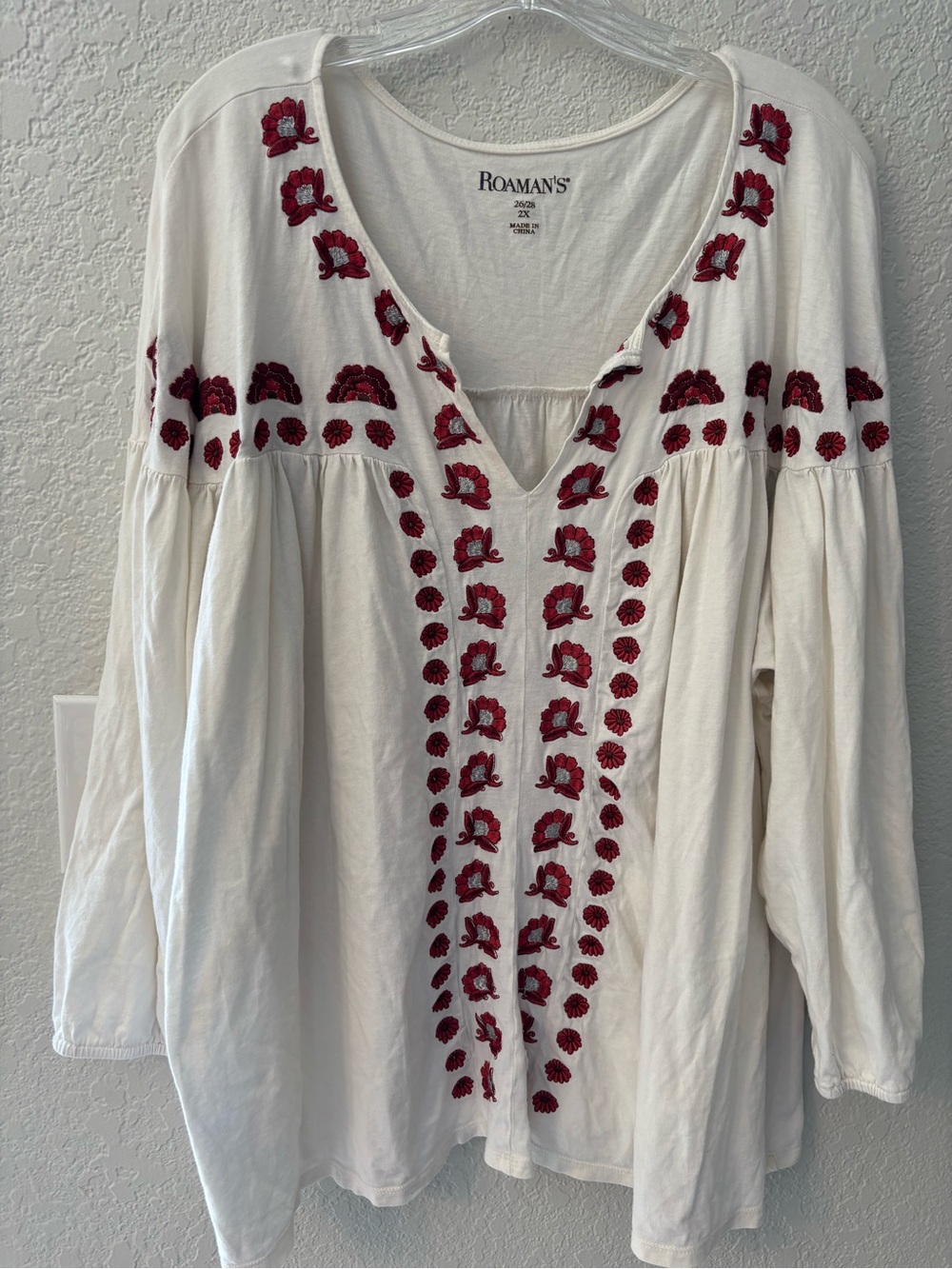 Roaman's White Embroidered Peasant Top with Red Accents made of Cotton. 3X - Picture 3 of 5